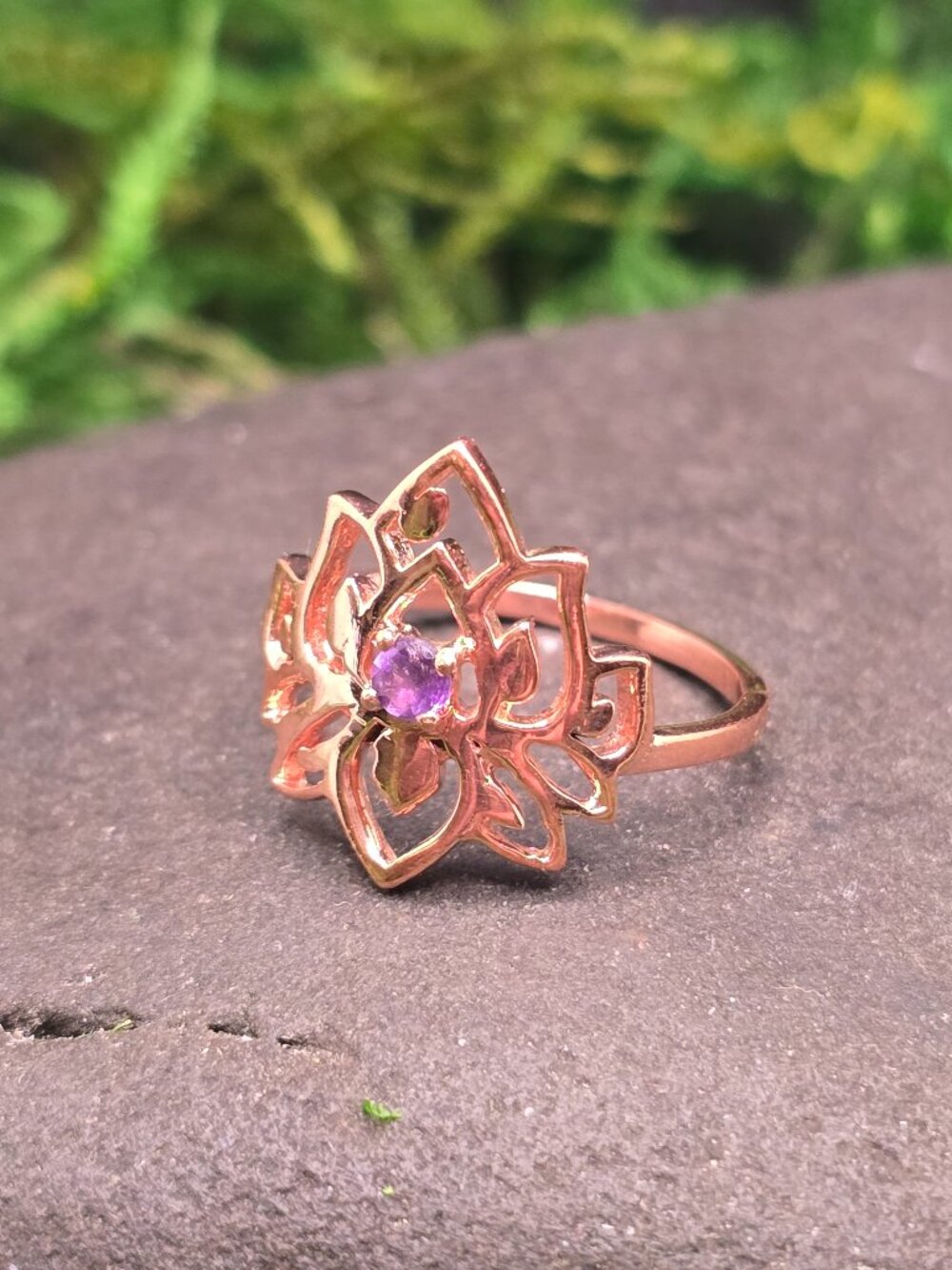 Amethyst Copper Lotus Flower Ring Size 7 Purple Gemstone Jewelry